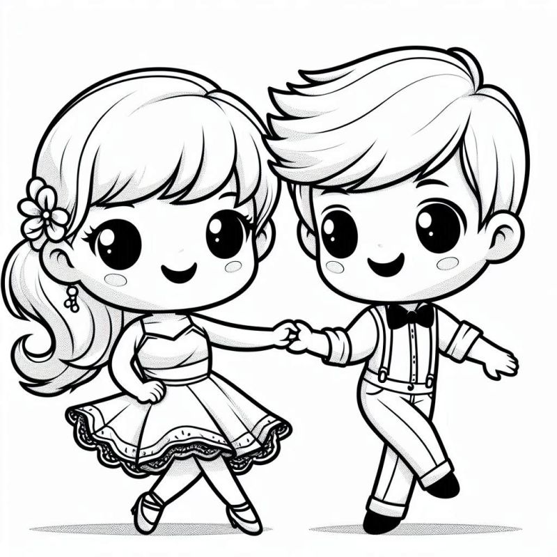 Desenho de menina e menino dançando estilo chibi para colorir