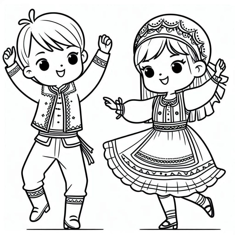 Desenho de menino e menina dançando com roupas tradicionais para colorir