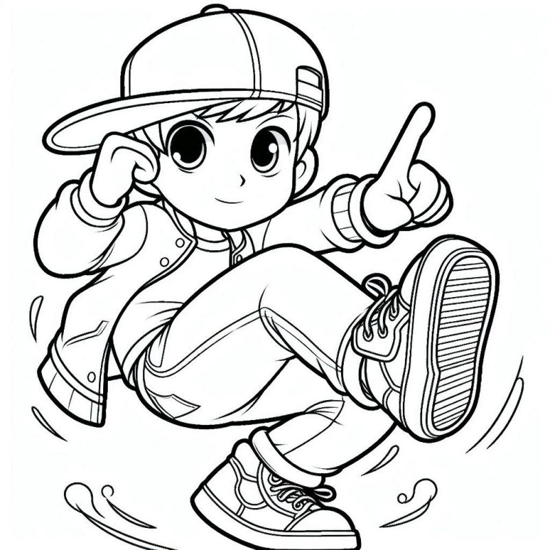 Desenho para colorir de um jovem dançarino em estilo hip-hop e breakdance