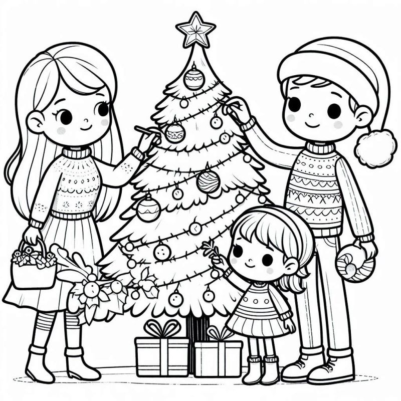 Desenho de Família Decorando a Árvore de Natal para Colorir