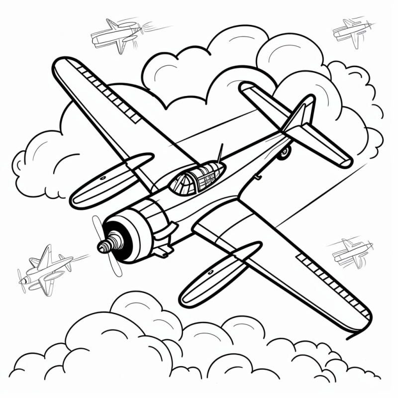 Desenho em preto e branco de um avião em pleno voo, perfeito para colorir