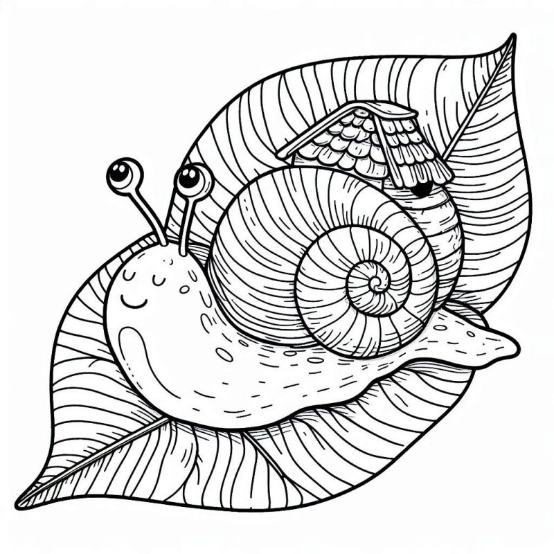 Desenho detalhado de um caracol alegre sobre uma folha para colorir