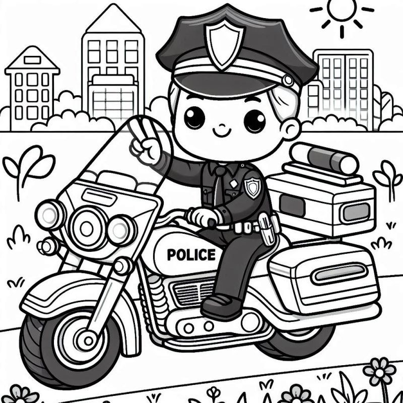 Desenho de Policial em Moto Acenando para Colorir