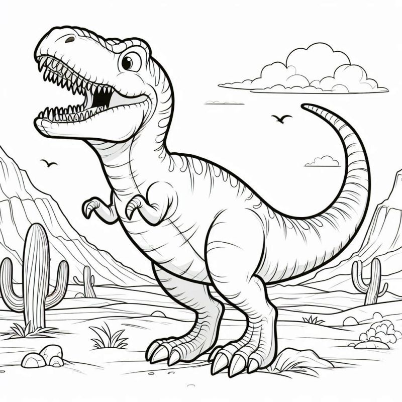 Desenho de Dinossauro em Pé em Cenário Pré-Histórico para Colorir