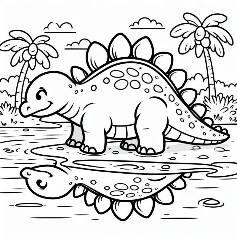 Desenho de Dinossauro Amigável Perto de um Lago para Colorir