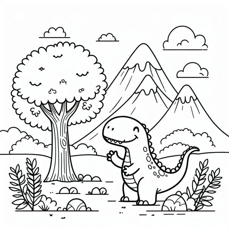 Cenário Pré-Histórico com Dinossauro Amigável para Colorir