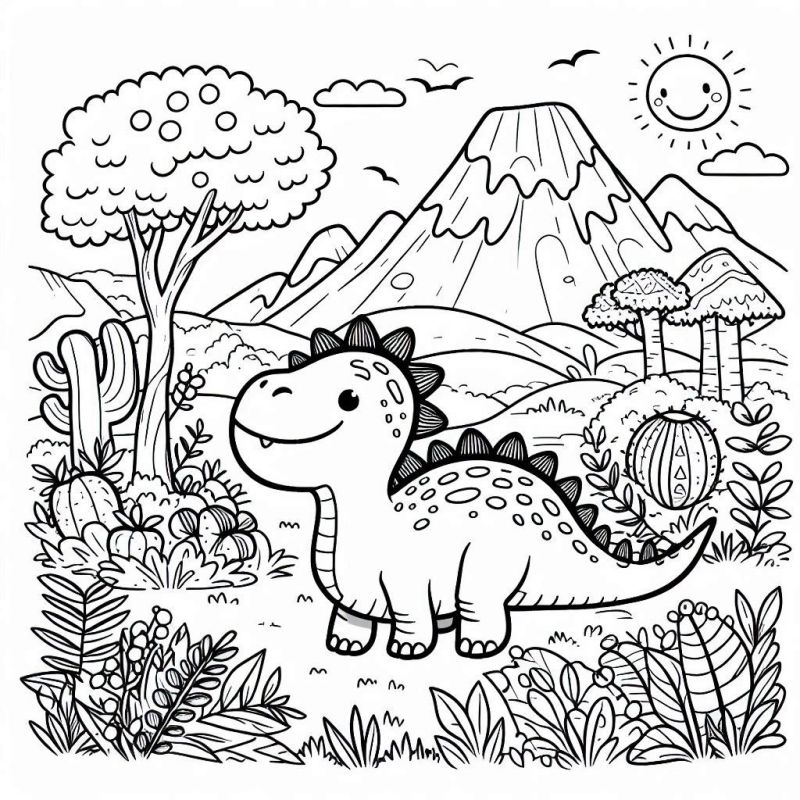 Desenho de um dinossauro sorridente em cenário pré-histórico com plantas e montanhas ao fundo.