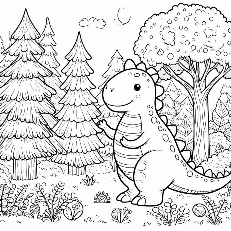 Desenho de Dinossauro Sorridente na Floresta