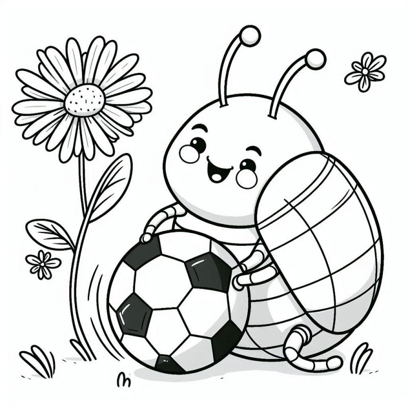 Desenho divertido de inseto jogando bola para colorir