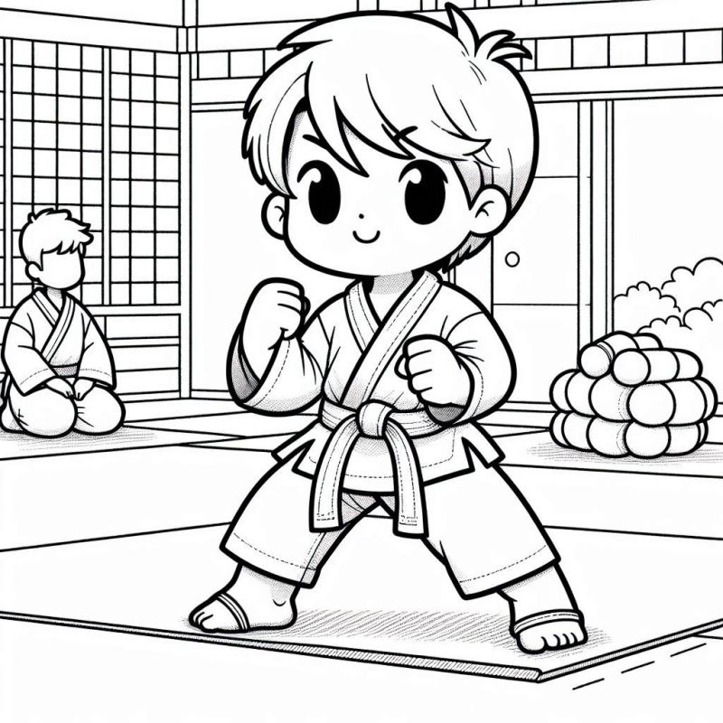 Desenho de criança no dojo praticando artes marciais para colorir