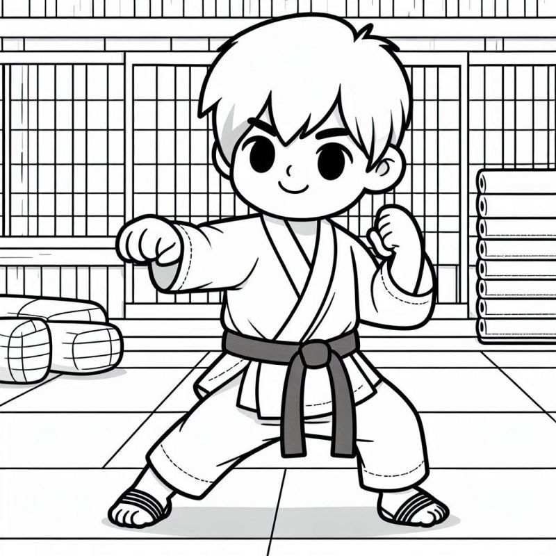 Desenho de Criança Praticando Artes Marciais no Dojo para Colorir