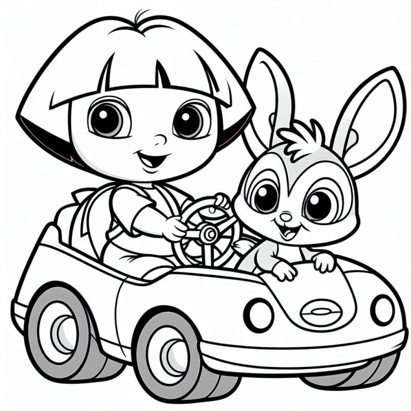 Desenho da Menina e Coelho no Carro da Dora Aventureira para Colorir