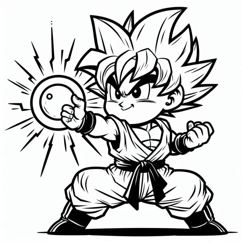 Desenho de Goku chibi, em posição de combate, segurando uma esfera de energia