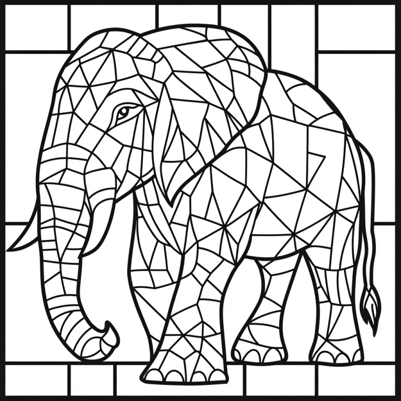 Desenho de elefante em estilo mosaico para colorir, com elementos de vitral