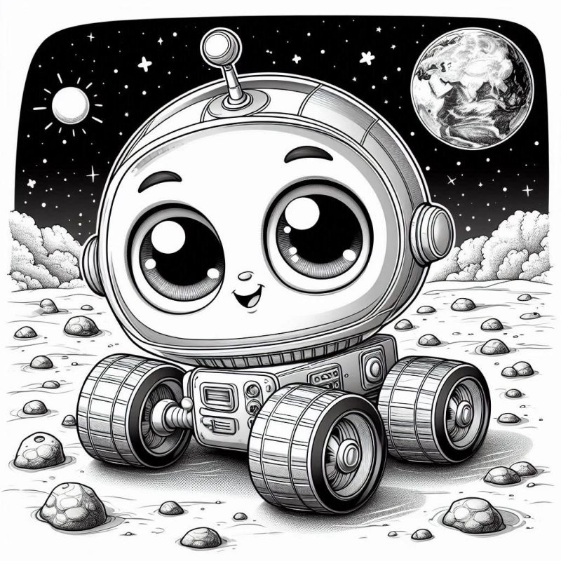 Desenho de um robô feliz explorando a superfície lunar com um grande corpo celeste ao fundo