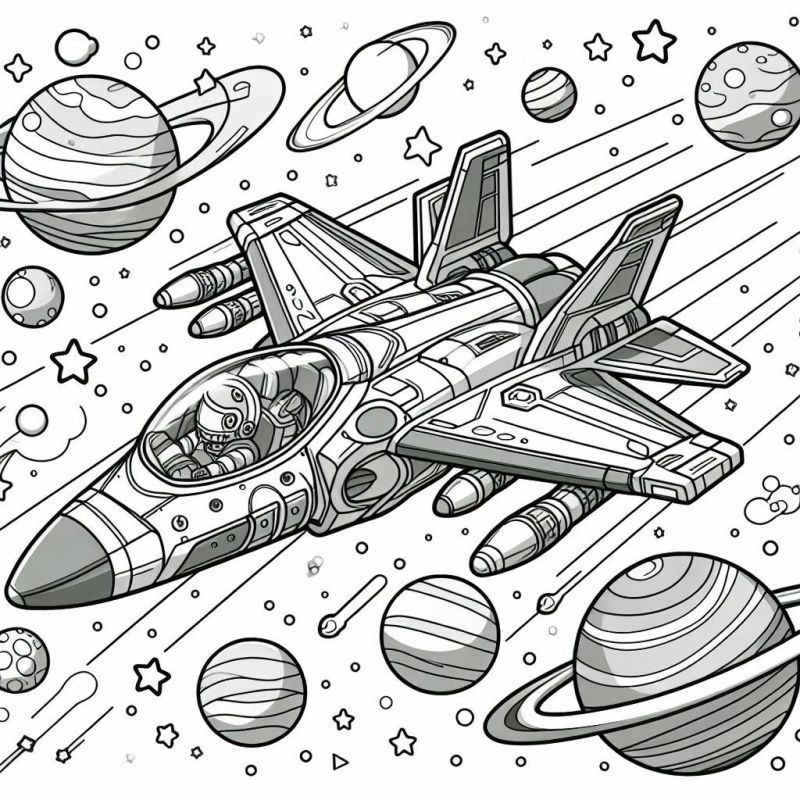 Desenho de jato espacial no espaço para colorir, com detalhes e cenário espacial