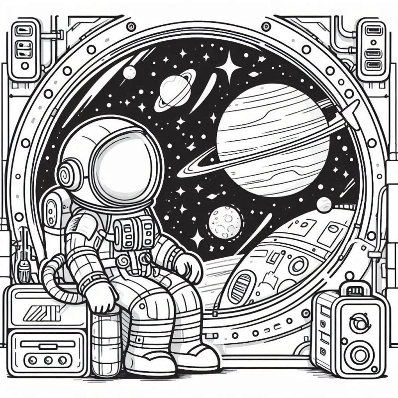 Desenho de Astronauta na Estação Espacial para Colorir