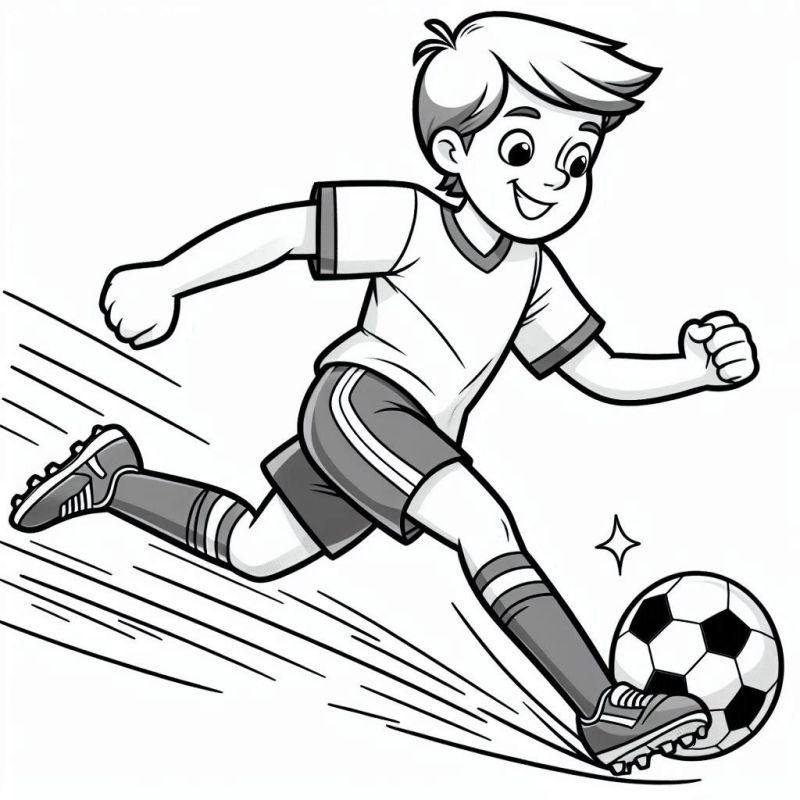 Desenho de criança jogando futebol para colorir, correndo e chutando a bola