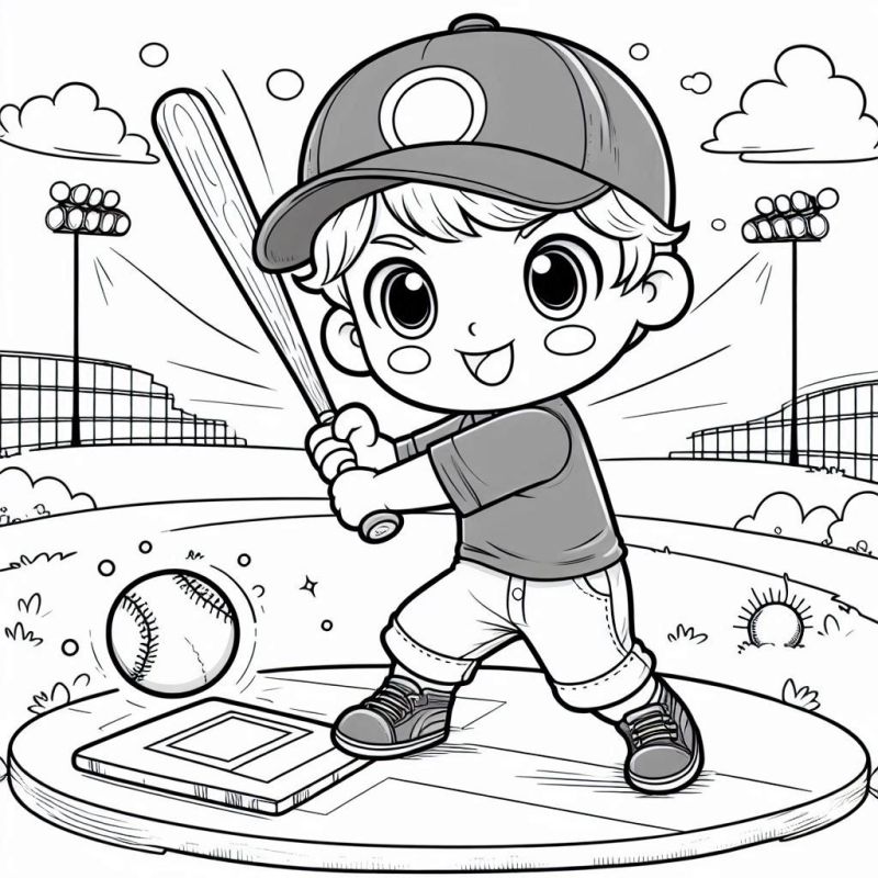 Menino jogando beisebol para colorir com boné, taco, bola e campo de beisebol