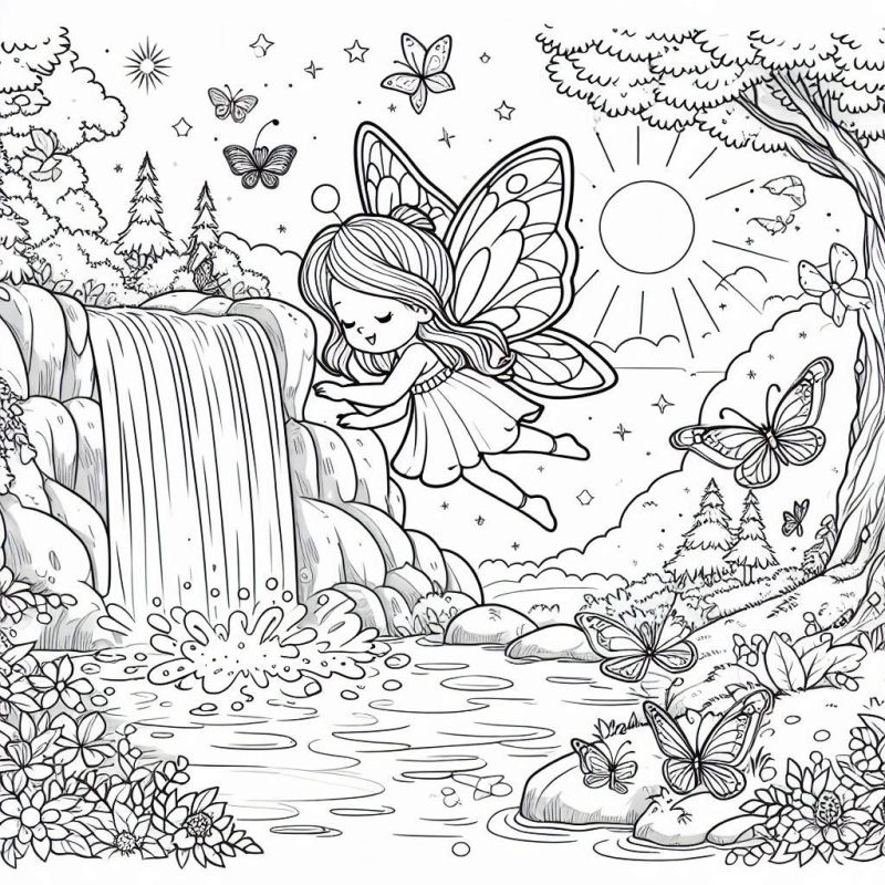 Desenho de Fada Voando com Borboletas na Cachoeira para Colorir