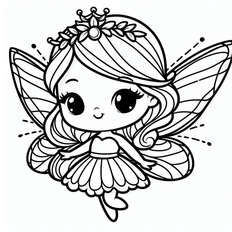Desenho de fada para colorir ideal para meninas, com asas, tiara e vestido.