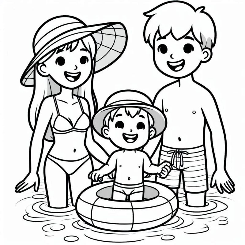 Desenho para colorir de uma família se divertindo na água