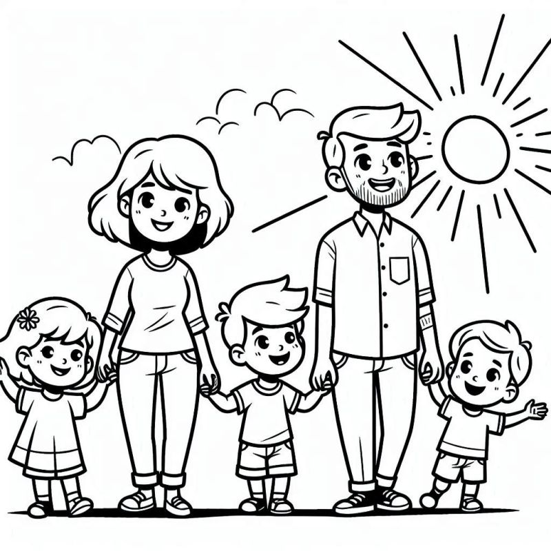 Desenho de uma família caminhando para colorir