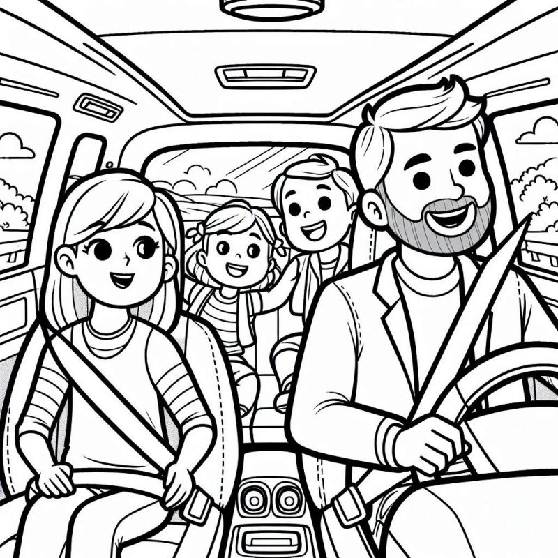 Desenho de Família no Carro para Colorir