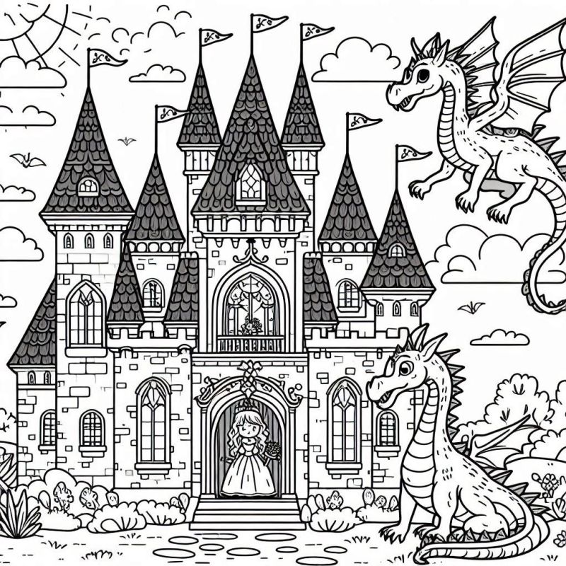 Desenho de Castelo com Princesa e Dragões para Colorir