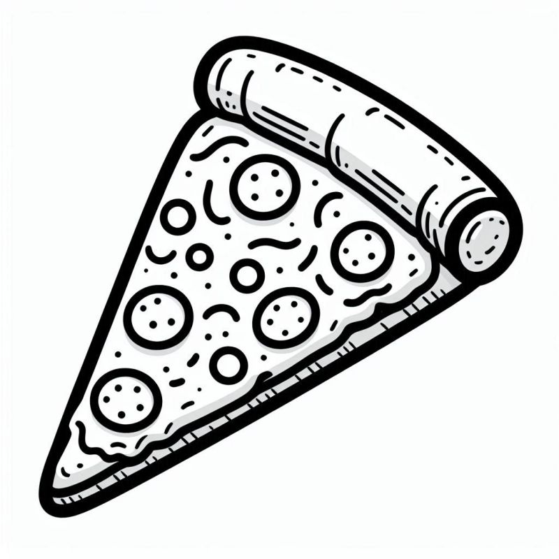 Desenho simples de uma fatia de pizza para colorir com detalhes de pepperoni e vegetais