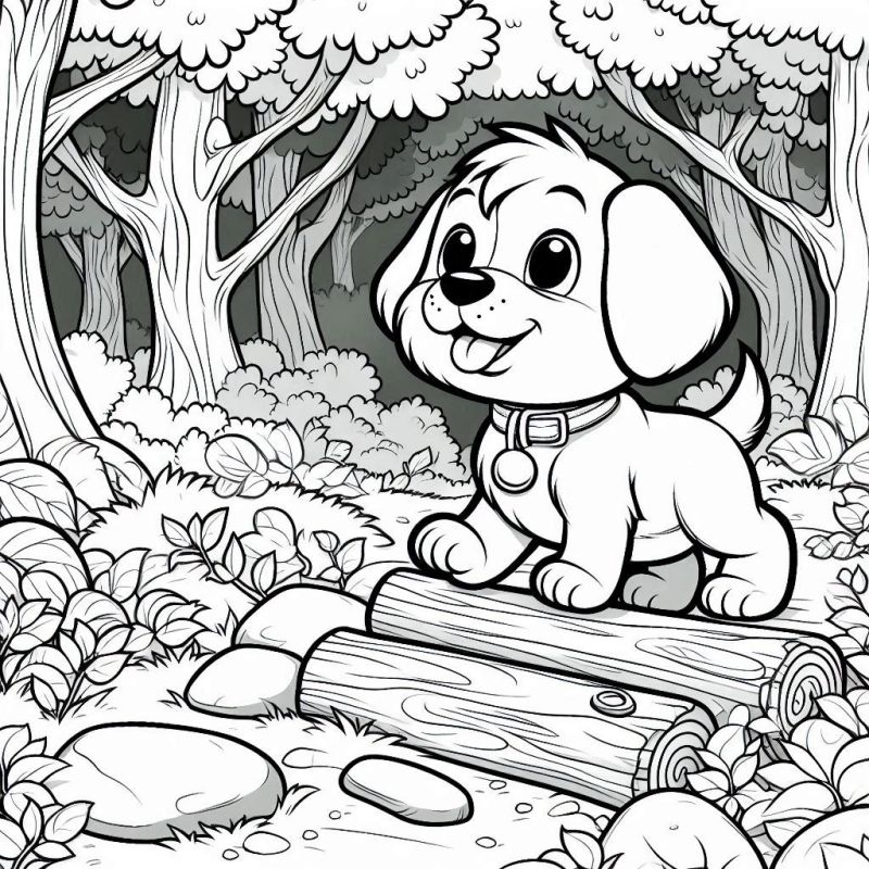 Desenho de Cachorro Filhote Caricata na Floresta para Colorir