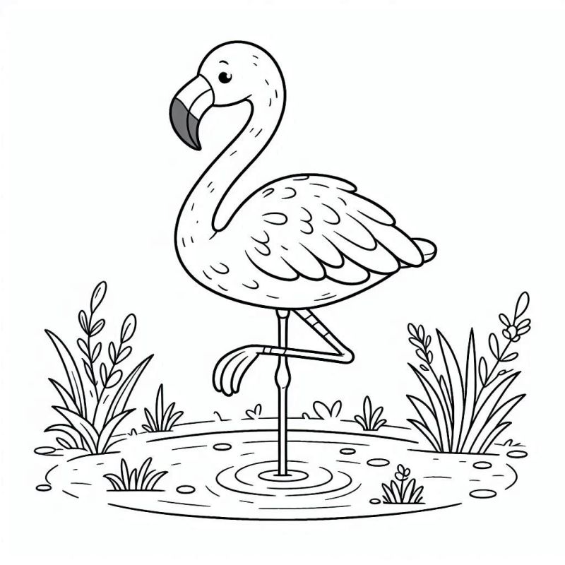 Desenho de flamingo em cenário natural para colorir