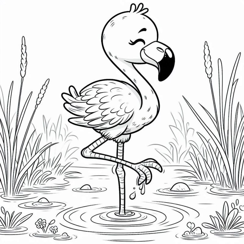 Desenho line art de um flamingo fofo e detalhado para colorir