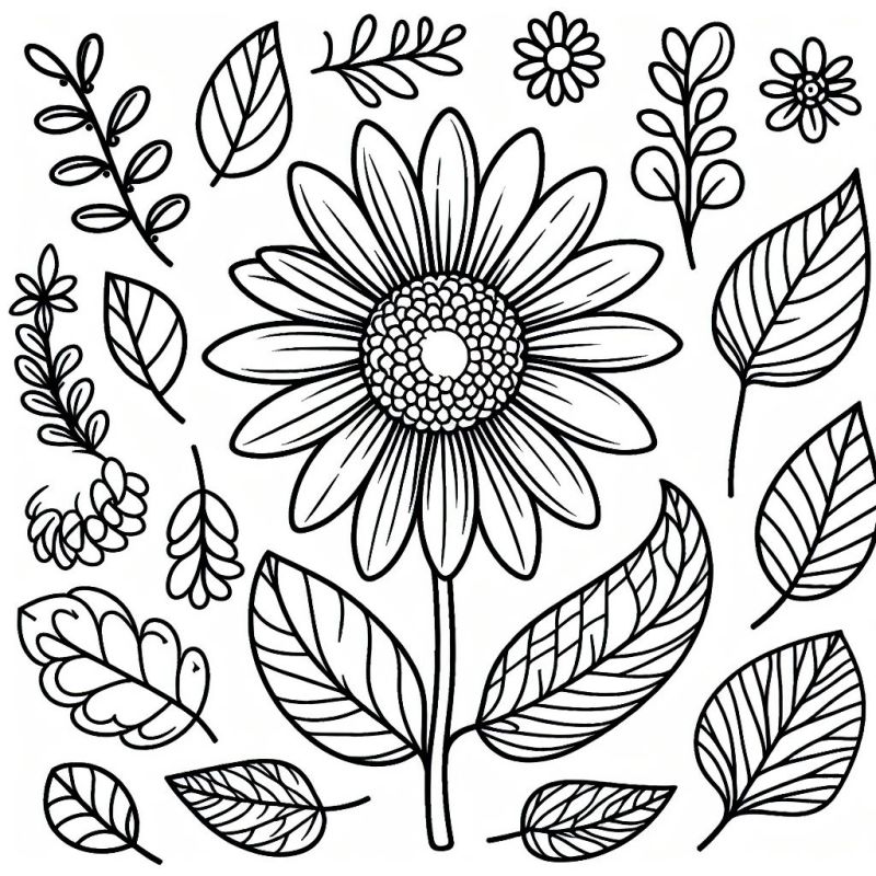 Desenho detalhado de flores para colorir com grande flor no centro e folhas ao redor