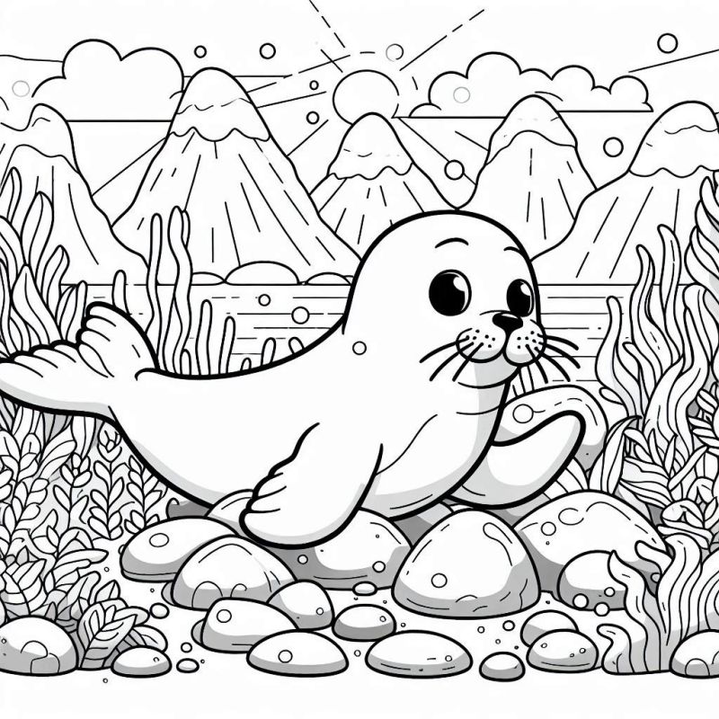 Desenho de uma foca nadando no cenário ártico para colorir