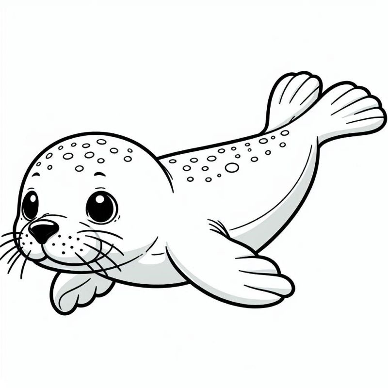 Desenho de uma foca bebê cartunizada em posição de natação, ideal para colorir