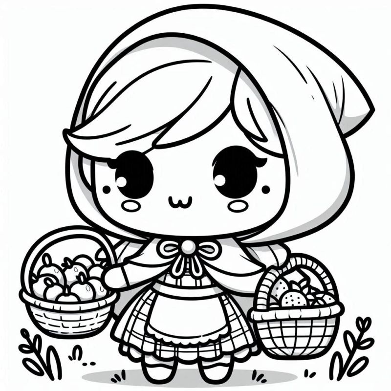 Menina kawaii com cestas de frutas para colorir