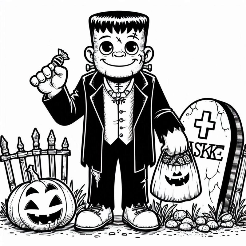 Desenho de Frankenstein com doce no cemitério para colorir no Halloween