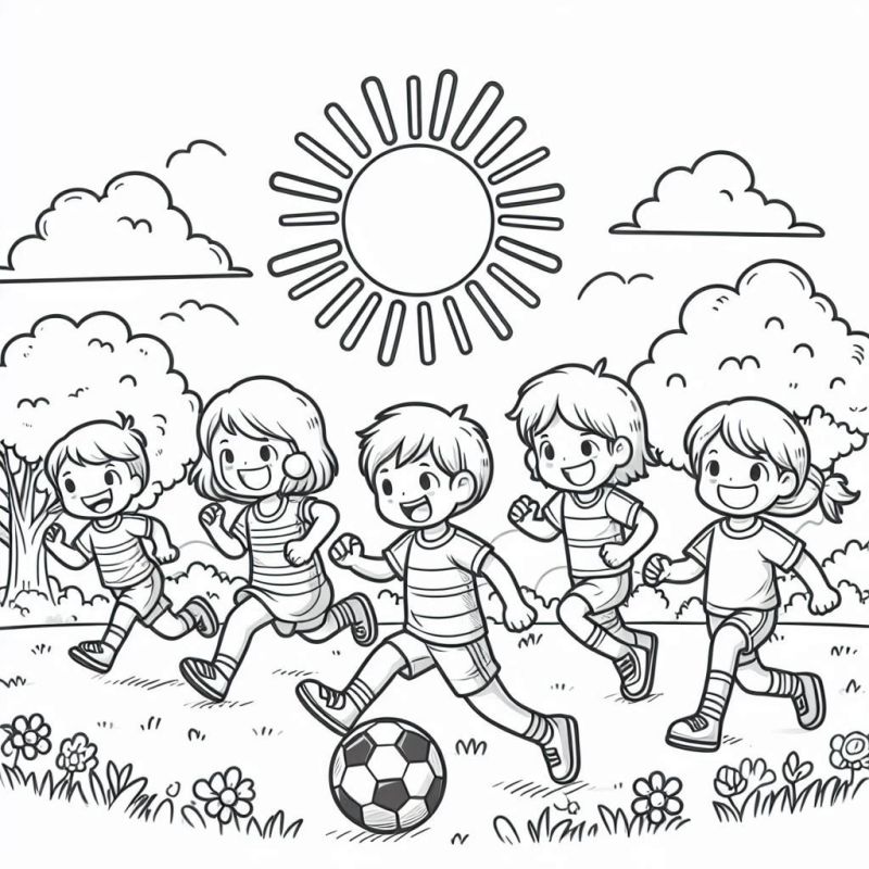 Desenho de crianças jogando futebol para colorir