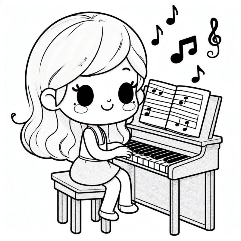 Garota tocando piano - Desenho para colorir