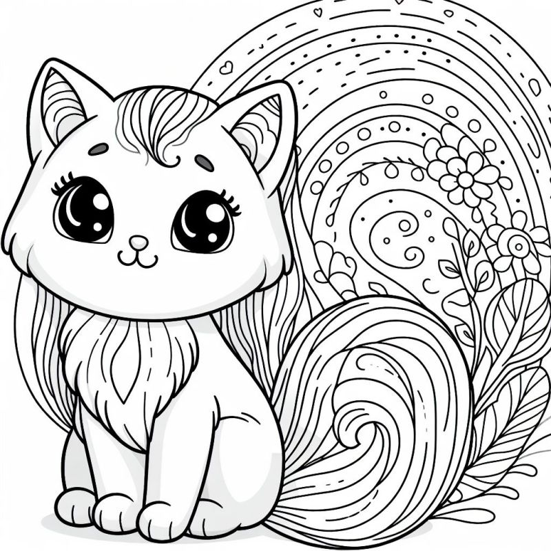 Desenho de um gatinho fofo para colorir, com fundo de arco-íris e flores, ideal para meninas