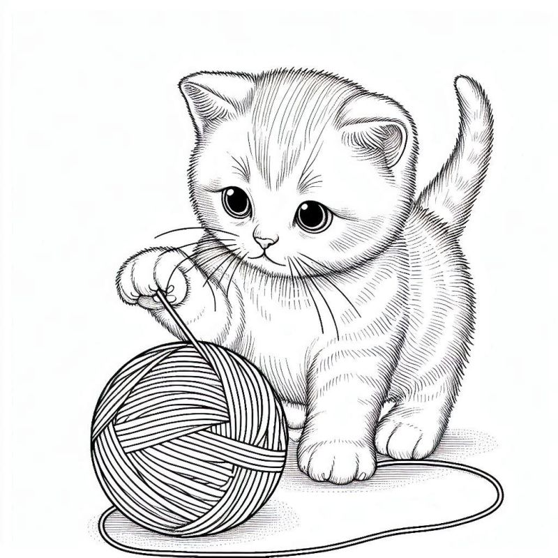 Adorável Gatinho com Novelo de Lã para Colorir