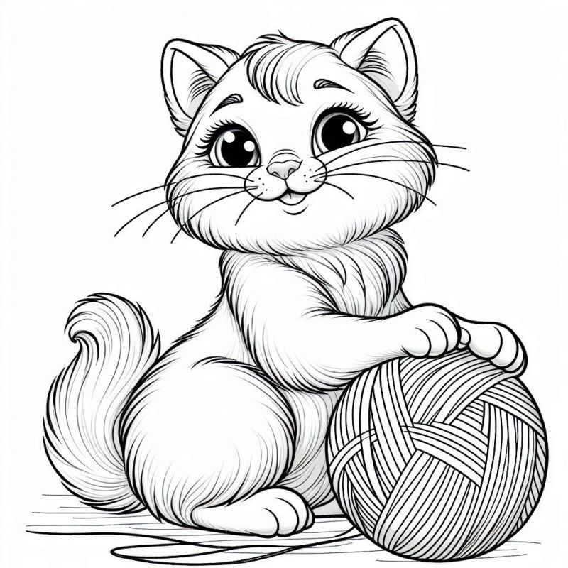 Desenho de gato sentado com novelo de lã para colorir