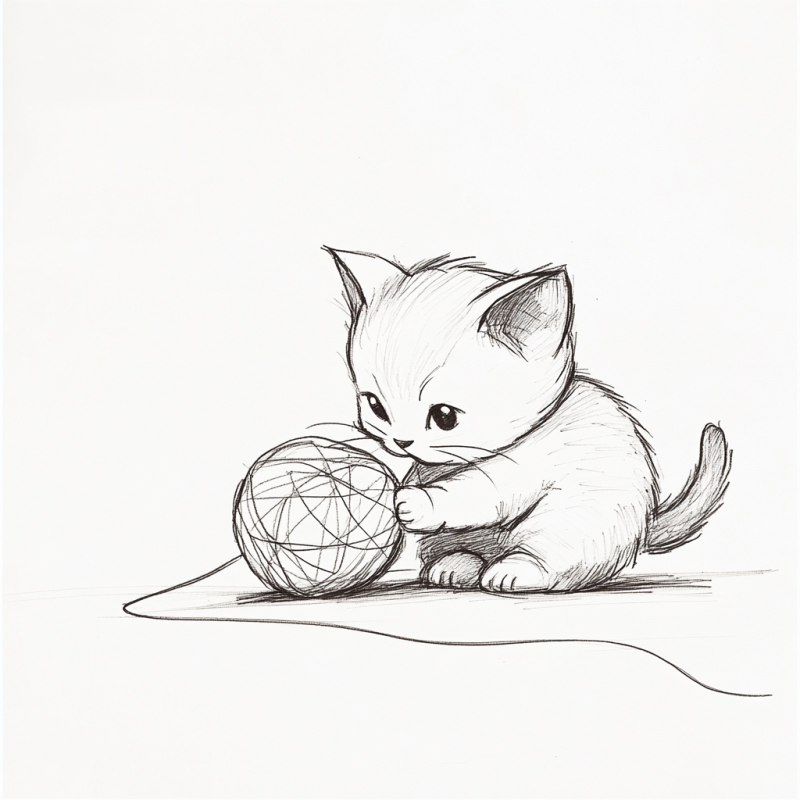 Desenho de Filhote de Gato com Novelo de Lã