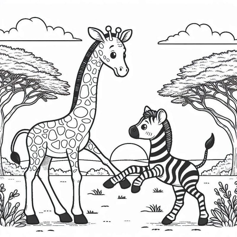 Desenho de Girafa e Zebra na Savana para Colorir