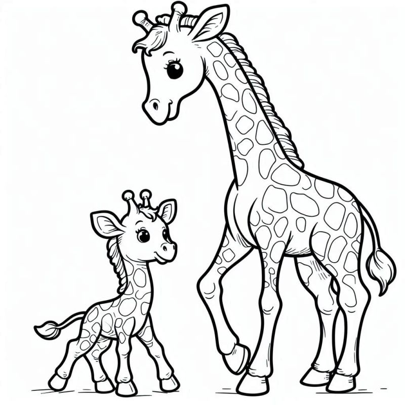 Desenho de Girafas para Colorir: Adulto e Filhote