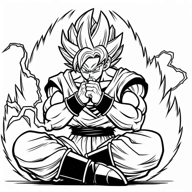 Goku em posição de meditação carregando energia com aura elétrica ao seu redor