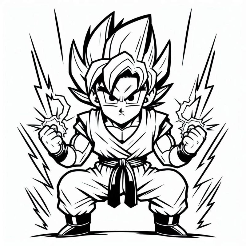 Desenho de Goku em pose poderosa para colorir