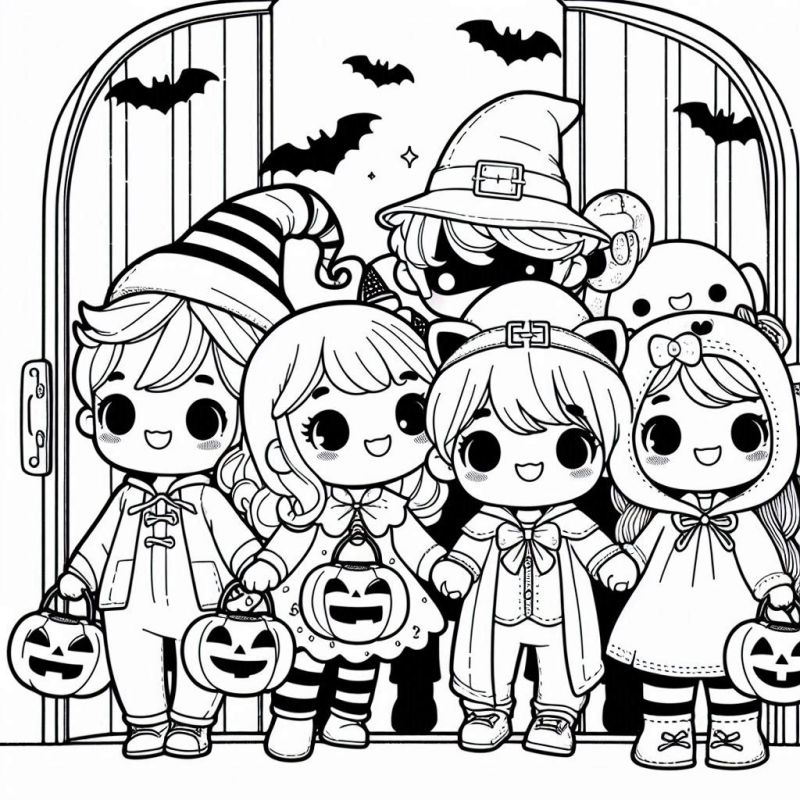 Desenho para Colorir: Crianças Fantasiadas de Halloween