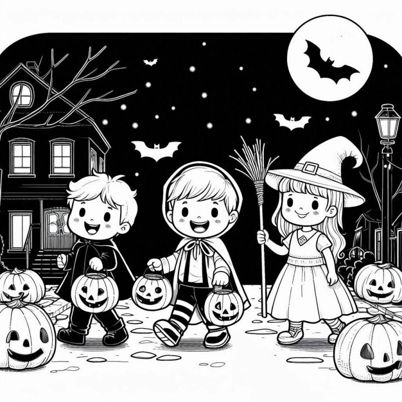 Desenho para Colorir: Crianças Fantasiadas no Halloween